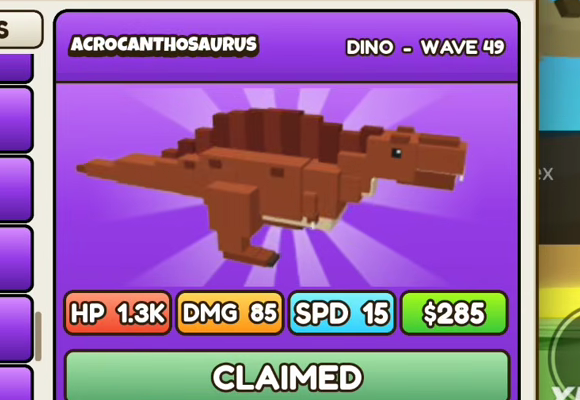 Acrocanthosaurus card: purple header, DINO - WAVE 49, HP 1.3K, DMG 85, SPD 15, $285