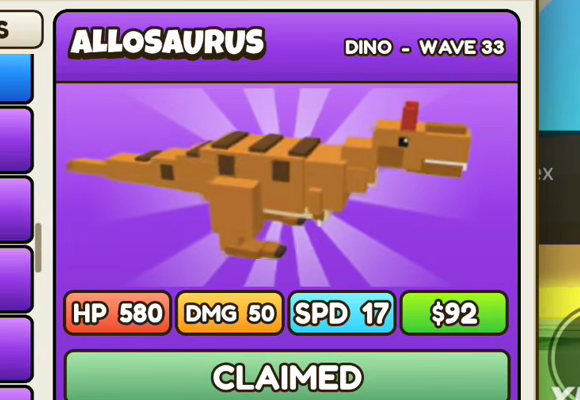 Allosaurus card: purple header, DINO - WAVE 33, HP 580, DMG 50, SPD 17, $92