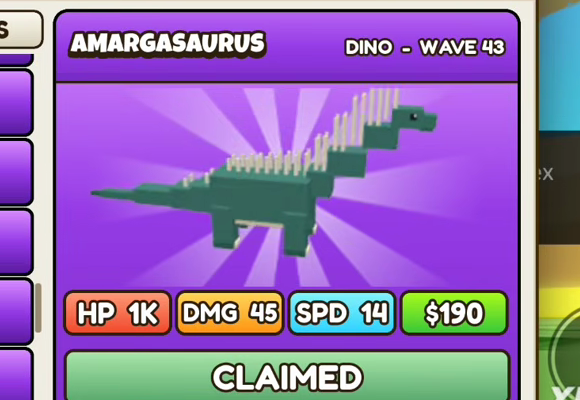 Amargasaurus card: purple header, DINO - WAVE 43, HP 1K, DMG 45, SPD 14, $190