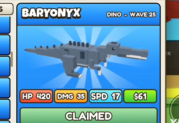 Baryonyx card: blue header, DINO - WAVE 25, HP 420, DMG 35, SPD 17, $61