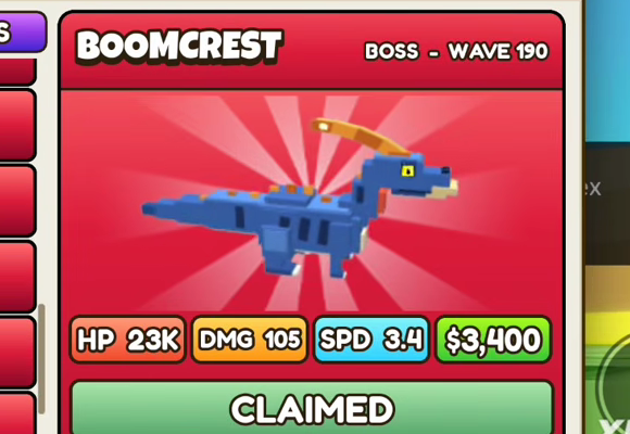 Boomcrest card: red header, BOSS - WAVE 190, HP 23K, DMG 105, SPD 3.4, $3,400