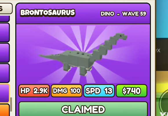 Brontosaurus card: purple header, DINO - WAVE 59, HP 2.9K, DMG 100, SPD 13, $740