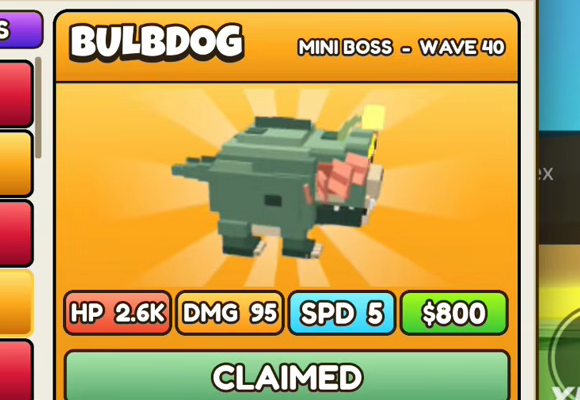 Bulbdog card: gold header, MINI BOSS - WAVE 40, HP 2.6K, DMG 95, SPD 5, $800