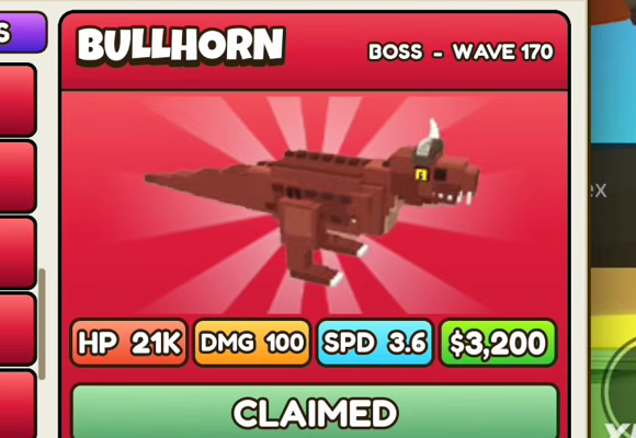 Bullhorn card: red header, BOSS - WAVE 170, HP 21K, DMG 100, SPD 3.6, $3,200