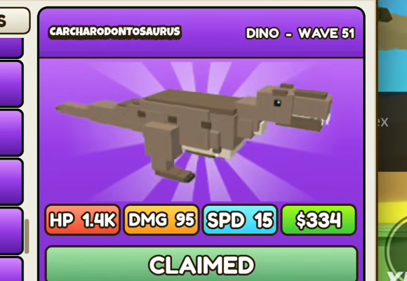 Carcharodontosaurus card: purple header, DINO - WAVE 51, HP 1.4K, DMG 95, SPD 15, $334