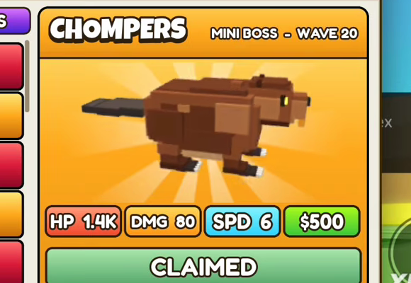 Chompers card, gold header, MINI BOSS - WAVE 20, HP 1.4K, DMG 80, SPD 6, $500