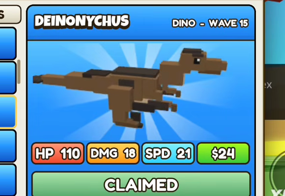 Deinonychus card: blue header, DINO - WAVE 15, HP 110, DMG 18, SPD 21, $24