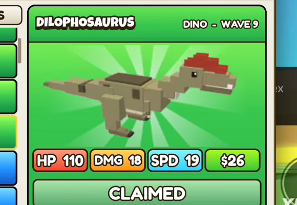 Dilophosaurus card: green header, DINO - WAVE 9, HP 110, DMG 18, SPD 19, $26