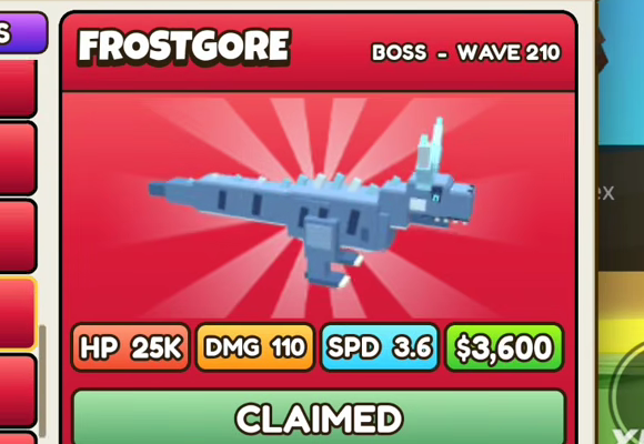 Frostgore card, red header, BOSS - WAVE 210, HP 25K, DMG 110, SPD 3.6, $3,600