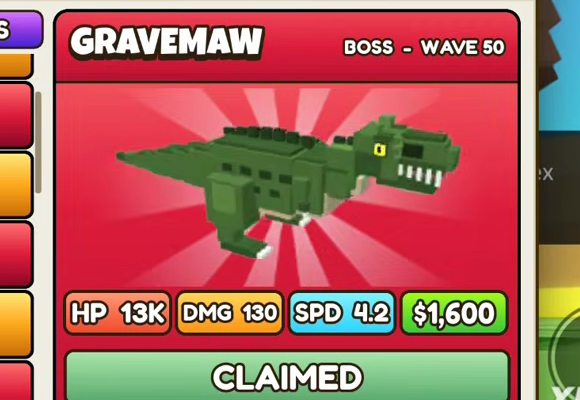 Gravemaw, BOSS - WAVE 50, HP 13K, DMG 130, SPD 4.2, $1,600
