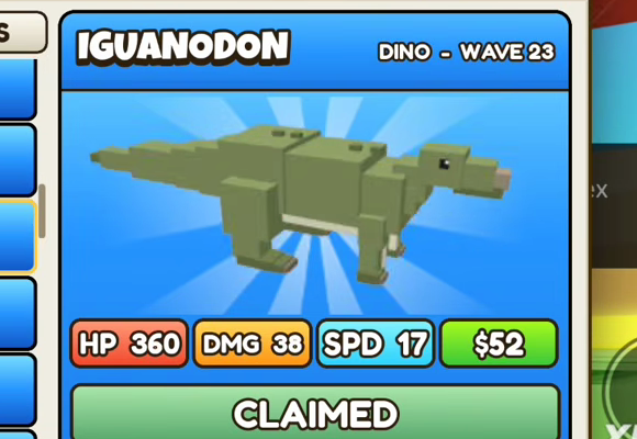 Iguanodon card: blue header, DINO - WAVE 23, HP 360, DMG 38, SPD 17, $52