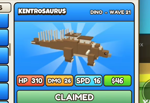 Kentrosaurus card: blue header, DINO - WAVE 21, HP 310, DMG 26, SPD 16, $46