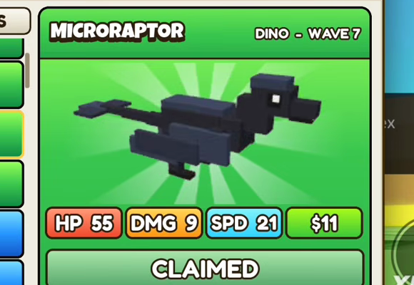 Microraptor card, green header, DINO - WAVE 7, HP 55, DMG 9, SPD 21, $11, CLAIMED