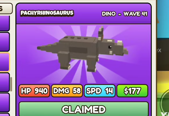 Pachyrhinosaurus card: purple header, DINO - WAVE 41, HP 940, DMG 58, SPD 14, $177