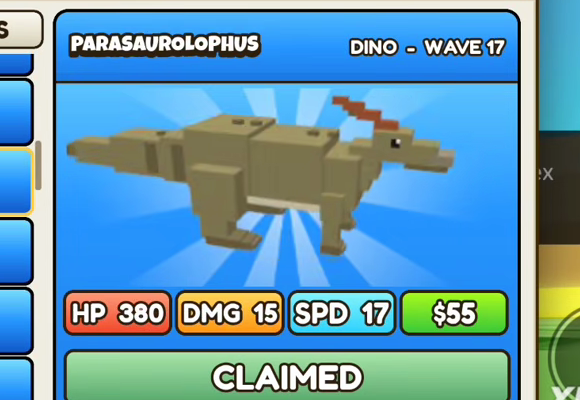 Parasaurolophus card: blue header, DINO - WAVE 17, HP 380, DMG 15, SPD 17, $55