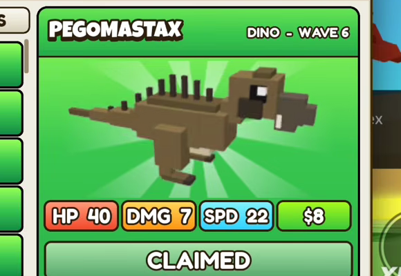 Pegomastax card: green header, DINO - WAVE 6, HP 40, DMG 7, SPD 22, $8