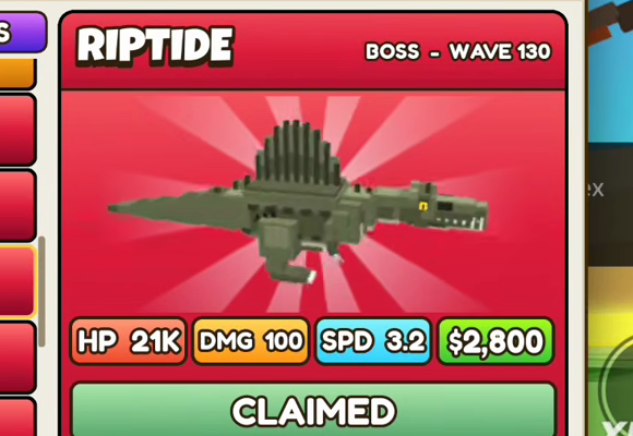 Riptide card: red header, BOSS - WAVE 130, HP 21K, DMG 100, SPD 3.2, $2,800