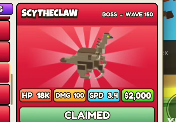 Scytheclaw card: red header, BOSS - WAVE 150, HP 18K, DMG 100, SPD 3.4, $2,000