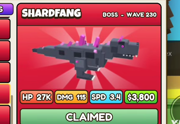 Shardfang card: red header, BOSS - WAVE 230, HP 27K, DMG 115, SPD 3.4, $3,800
