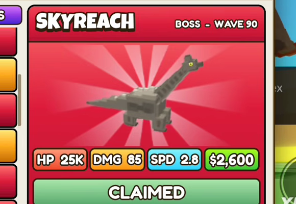 Skyreach card: red header, BOSS - WAVE 90, HP 25K, DMG 85, SPD 2.8, $2,600