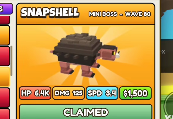 Snapshell card: gold header, MINI BOSS - WAVE 80, HP 6.4K, DMG 125, SPD 3.4, $1,500