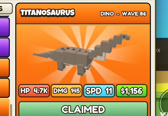 Titanosaurus card, orange header, DINO - WAVE 86, HP 4.7K, DMG 145, SPD 11, $1,156