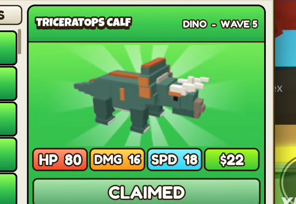 Triceratops Calf card: green header, DINO - WAVE 5, HP 80, DMG 16, SPD 18, $22