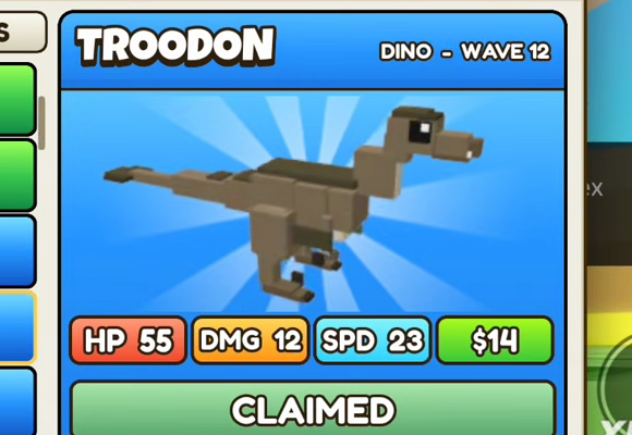 Troodon card, blue header, DINO - WAVE 12, HP 55, DMG 12, SPD 23, $14