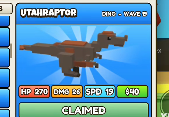 Utahraptor card: blue header, DINO - WAVE 19, HP 270, DMG 26, SPD 19, $40