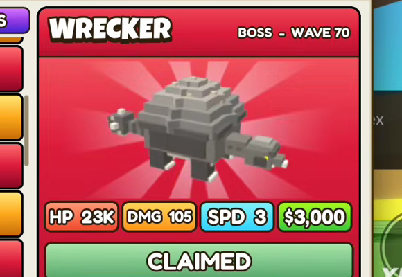 Wrecker card: red header, BOSS - WAVE 70, HP 23K, DMG 105, SPD 3, $3,000