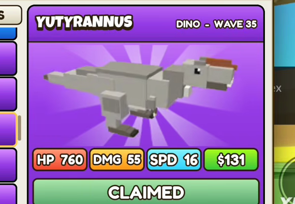 Yutyrannus card: purple header, DINO - WAVE 35, HP 760, DMG 55, SPD 16, $131