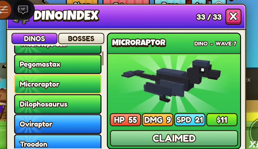 Dino Index open on Microraptor, green card, HP 55, DMG 9, SPD 21, $11