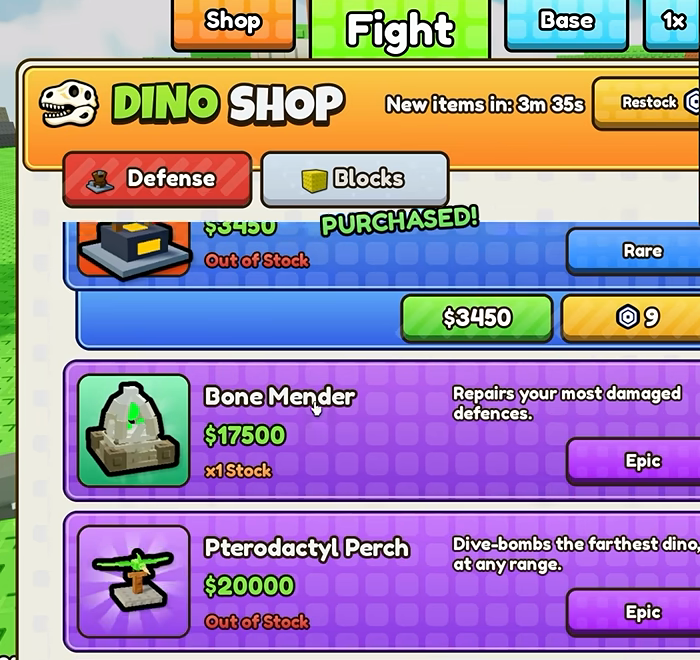 Dino Shop Defense tab with Bone Mender at $17500 and Pterodactyl Perch at $20000