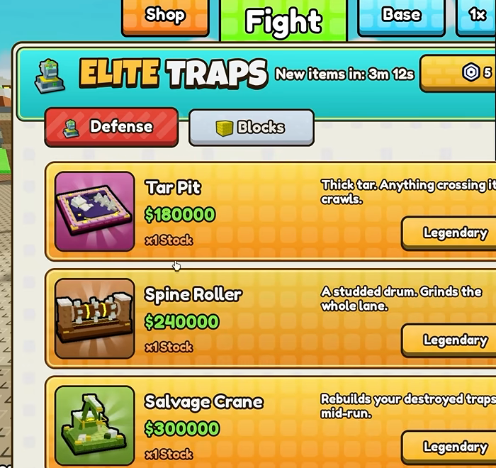 Elite Traps shop with Tar Pit $180000, Spine Roller $240000, and Salvage Crane $300000