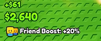 Bottom-left cash with a +$61 popup, $2,640, and Friend Boost +20%