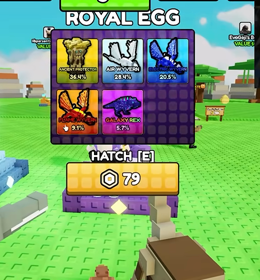 Royal Egg hatch panel with Ancient Protector 36.4%, Air Wyvern 28.4%, Electric Wyvern 20.5%, Flame Wyvern 9.1%, Galaxy Rex 5.7%