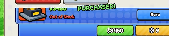 Shop row marked PURCHASED, Out of Stock, Rare, price $3450, gear icon 9